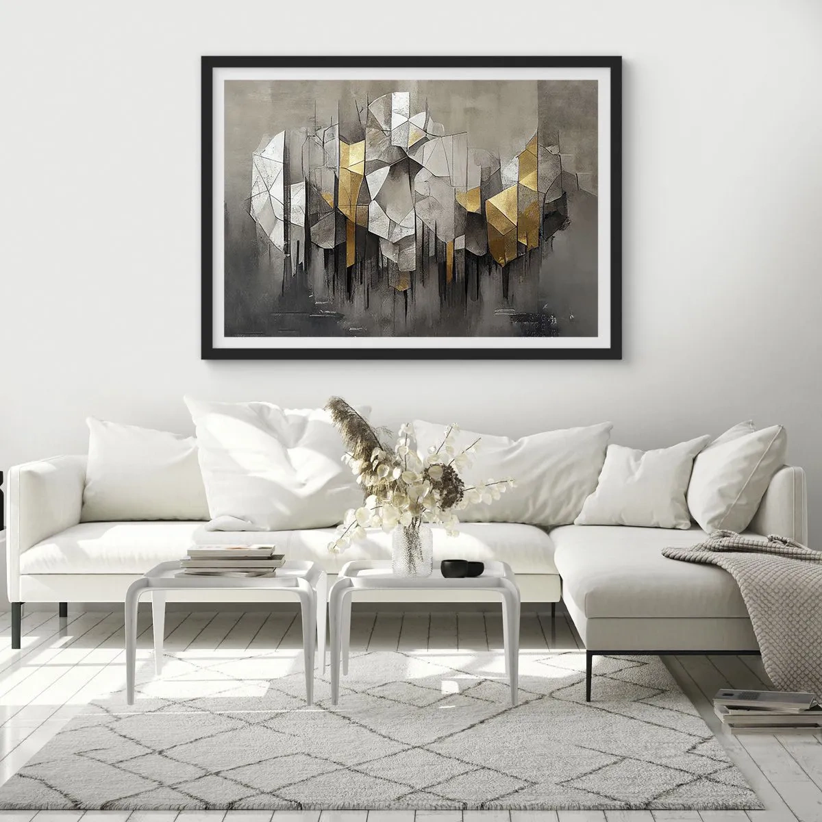 Poster in einem schwarzem Rahmen - Geometrische Abstraktion in Gold- und Grautönen - 70x50cm - Komposition aus Eis und Licht - Moderne Wanddekoration für Wohnzimmer und Schlafzimmer ARTTOR