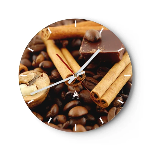 Wanduhr - Glasuhr - Kaffeebohnen, Zimt und Schokoladenstückchen - 30x30cm - Konzert der Aromen - Moderne Wanddekoration für Wohnzimmer, Küche und Schlafzimmer ARTTOR
