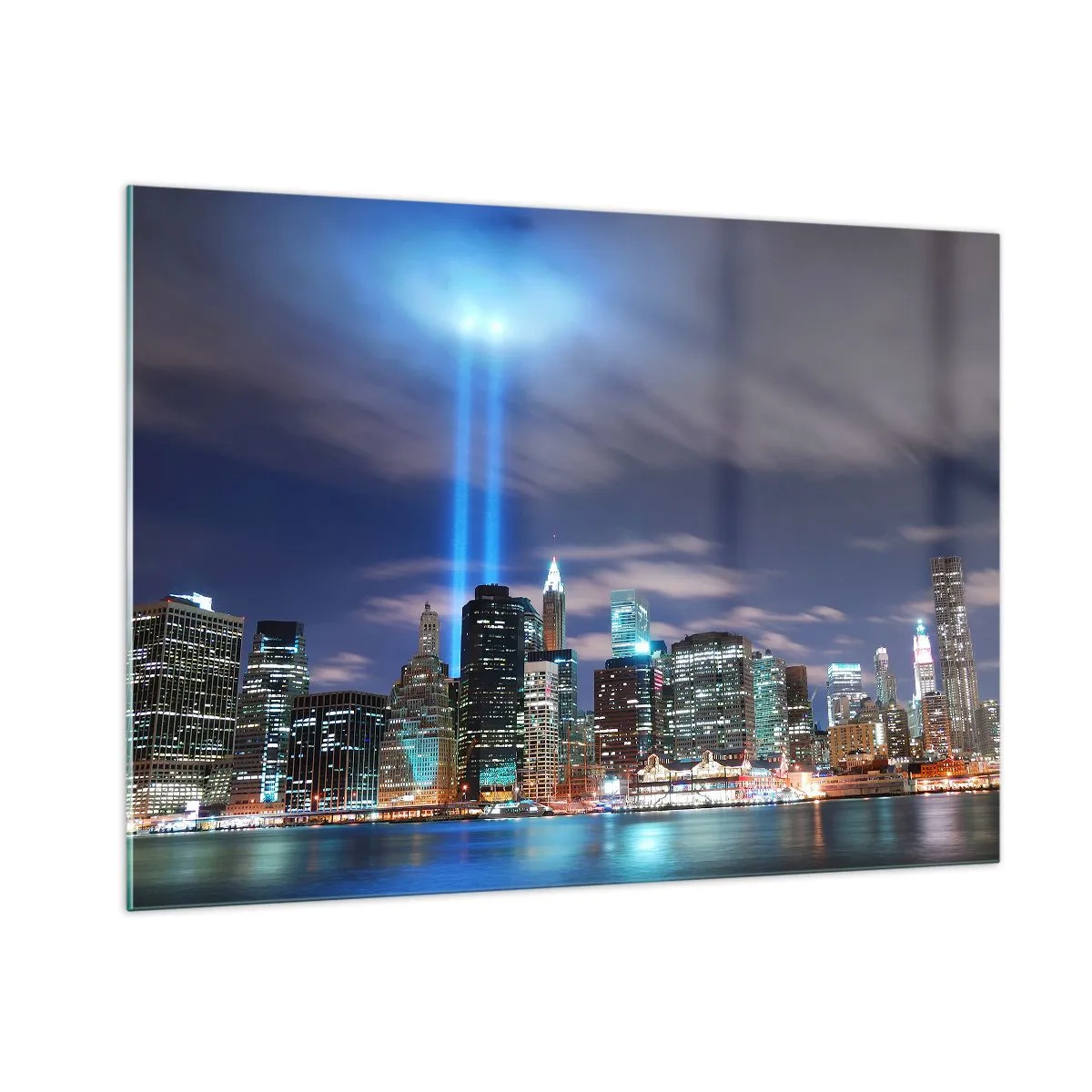 Glasbild - Bild auf glas - Abendpanorama der Stadt mit Scheinwerfern - 100x70cm - Erreiche den Himmel mit dem Licht - Moderne Wanddekoration für Wohnzimmer und Schlafzimmer ARTTOR