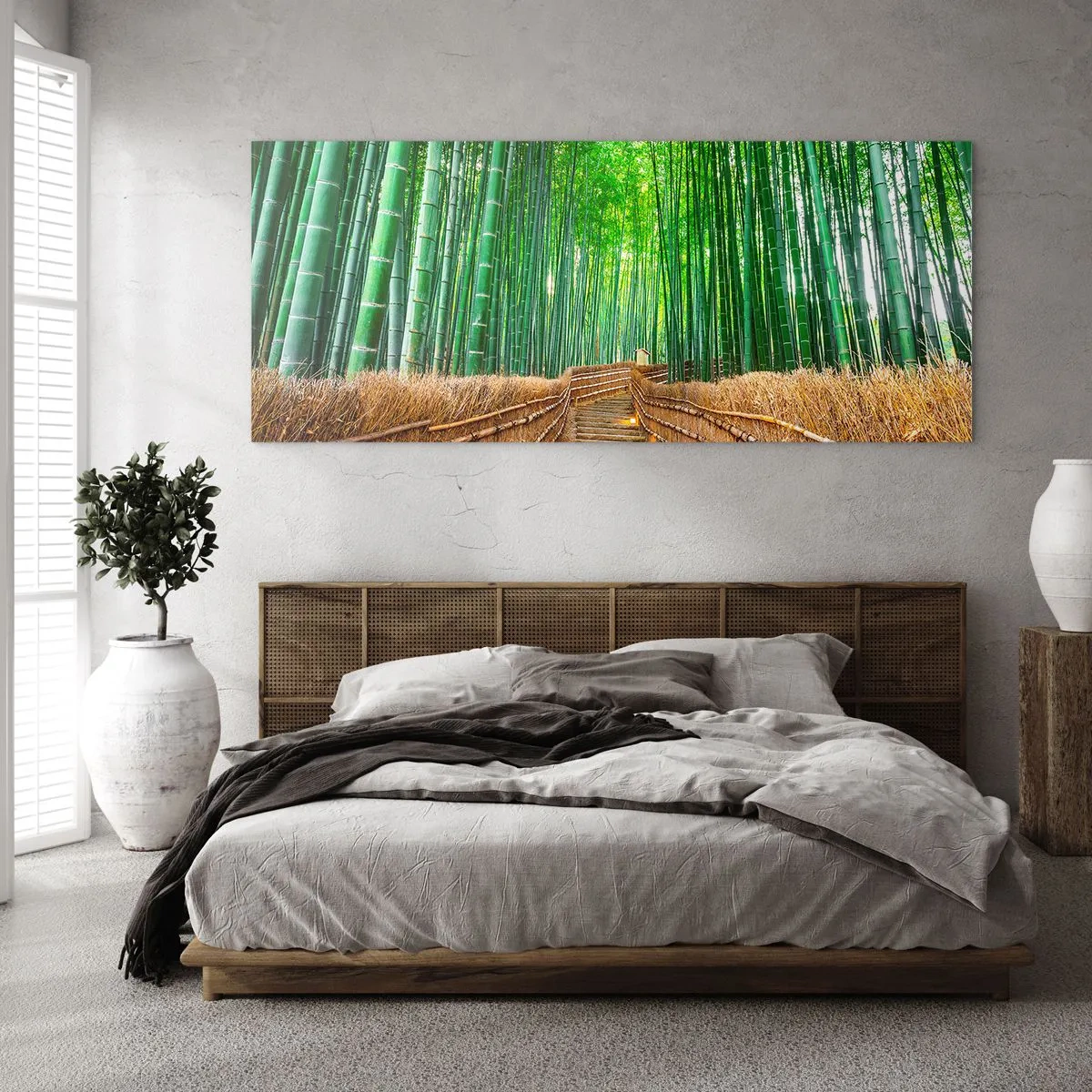 Glasbild - Bild auf glas - Ein Pfad in einem dichten Bambuswald - 160x50cm - Die Essenz der asiatischen Natur - Moderne Wanddekoration für Wohnzimmer und Schlafzimmer ARTTOR