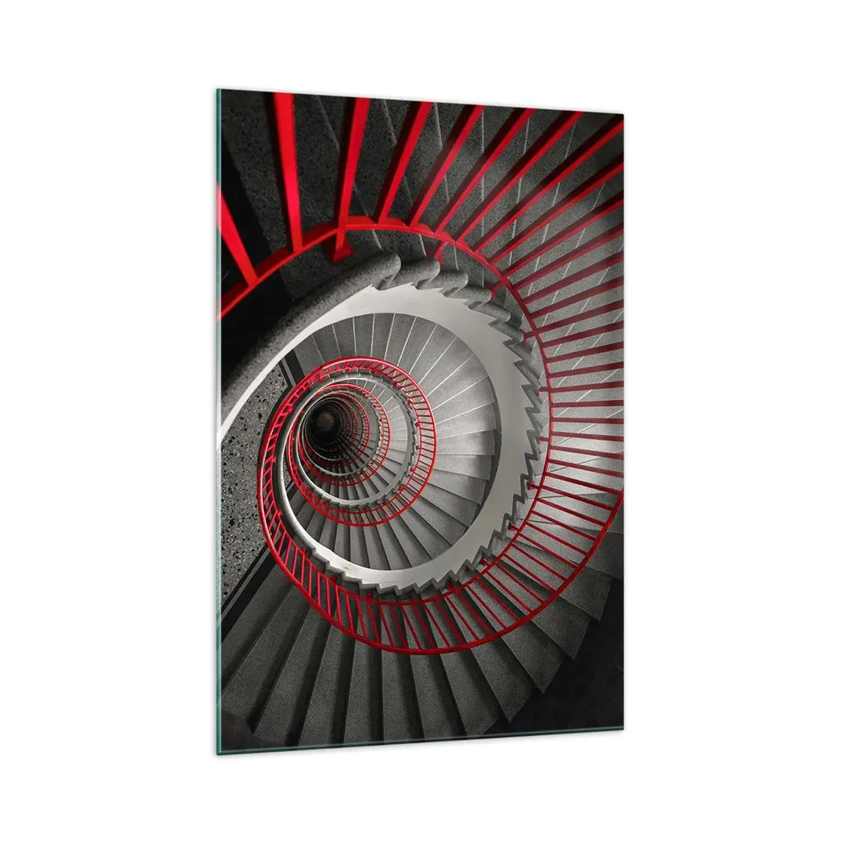 Glasbild - Bild auf glas - Wendeltreppe mit roten Handläufen in dynamischer Perspektive - 70x100cm - Architekturspaß - Moderne Wanddekoration für Wohnzimmer und Schlafzimmer ARTTOR