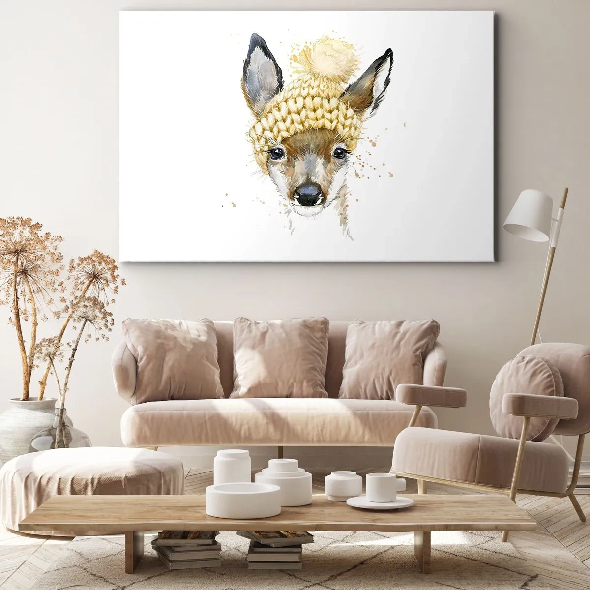 Bild auf Leinwand - Leinwandbild - Aquarell Hirsch in einer gelben Mütze - 70x50cm - Für den Winter im verschneiten Wald - Moderne Wanddekoration für Wohnzimmer und Schlafzimmer ARTTOR