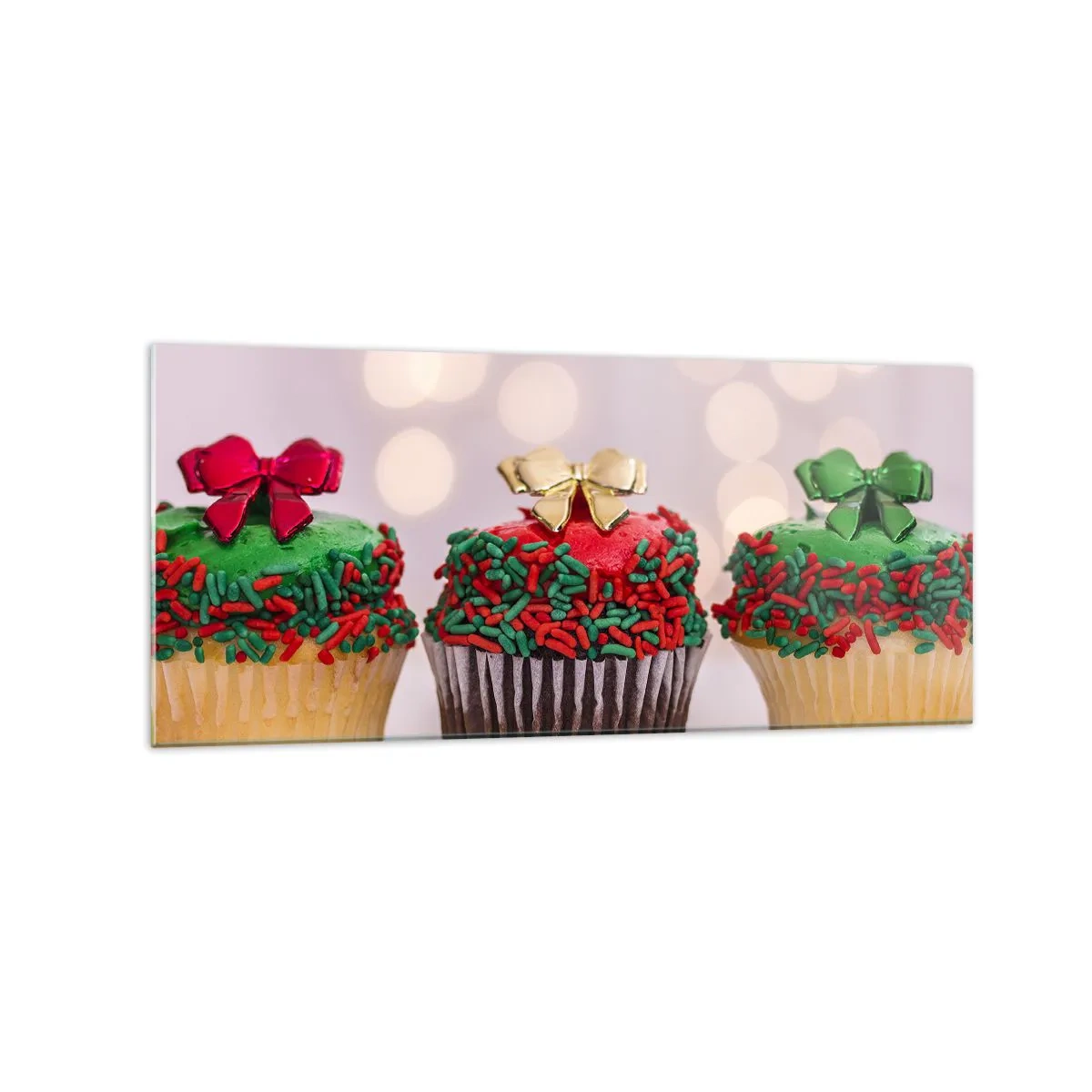 Glasbild - Bild auf glas - Weihnachts-Cupcakes mit bunten Streuseln und Schleifen - 120x50cm - Süßigkeiten bis zu der Schleife - Moderne Wanddekoration für Wohnzimmer und Schlafzimmer ARTTOR