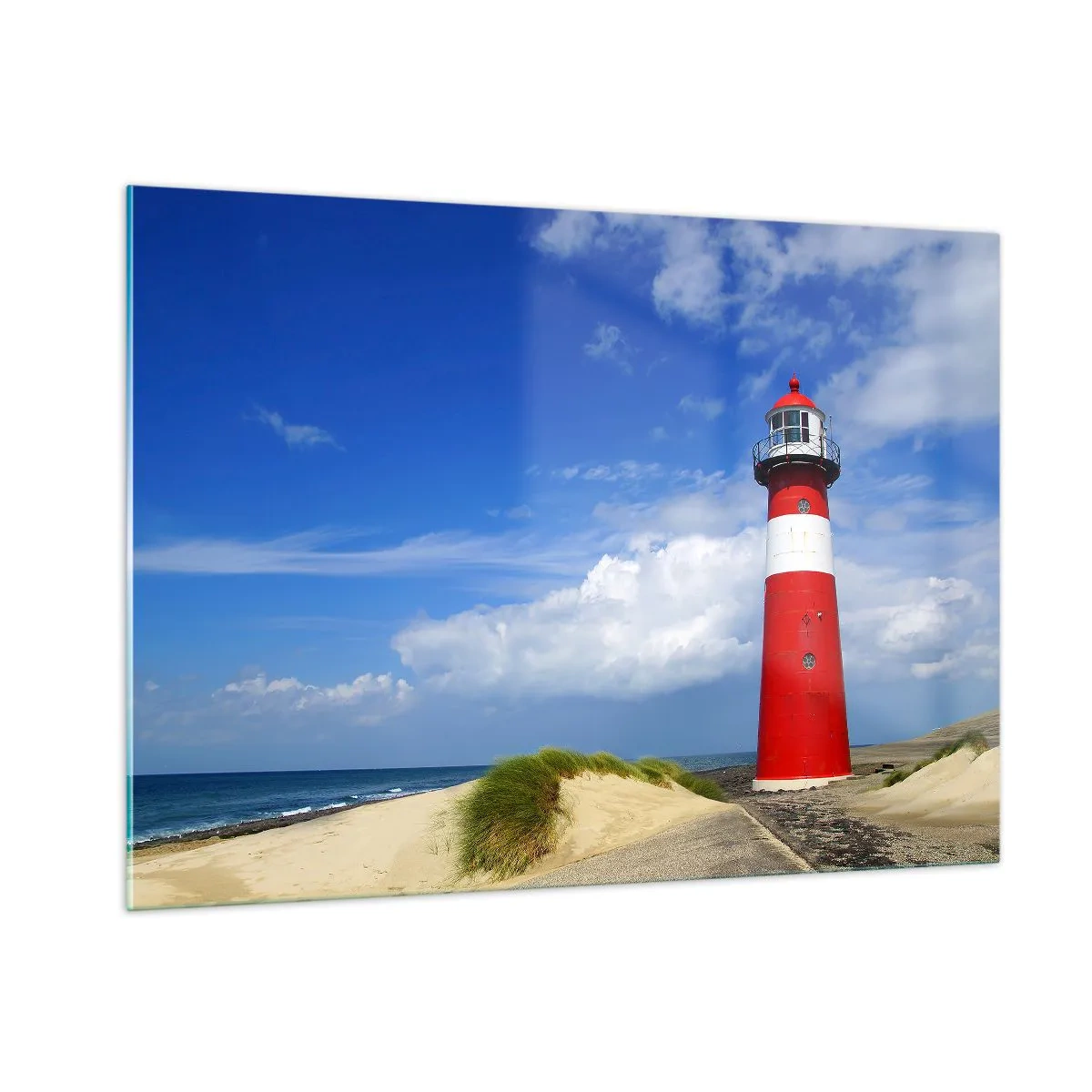 Glasbild - Bild auf glas - Ein roter Leuchtturm vor blauem Himmel - 100x70cm - Traum Einsamkeit - Moderne Wanddekoration für Wohnzimmer und Schlafzimmer ARTTOR