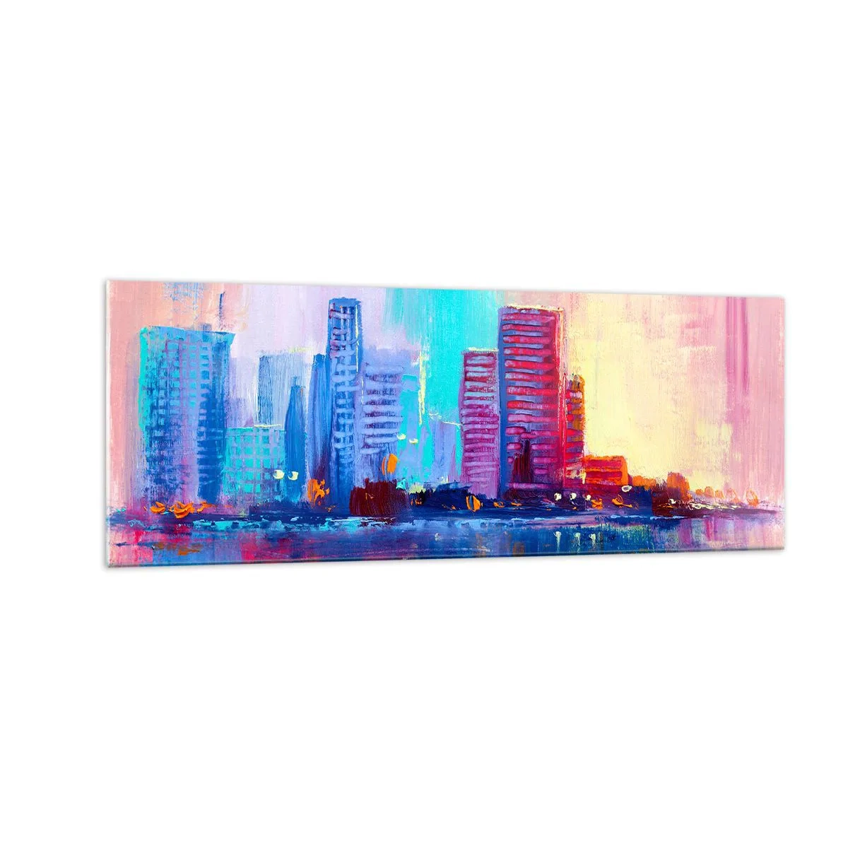 Glasbild - Bild auf glas - Ein farbenfrohes Panorama der Stadt im Aquarellstil - 140x50cm - In Farben getaucht - Moderne Wanddekoration für Wohnzimmer und Schlafzimmer ARTTOR