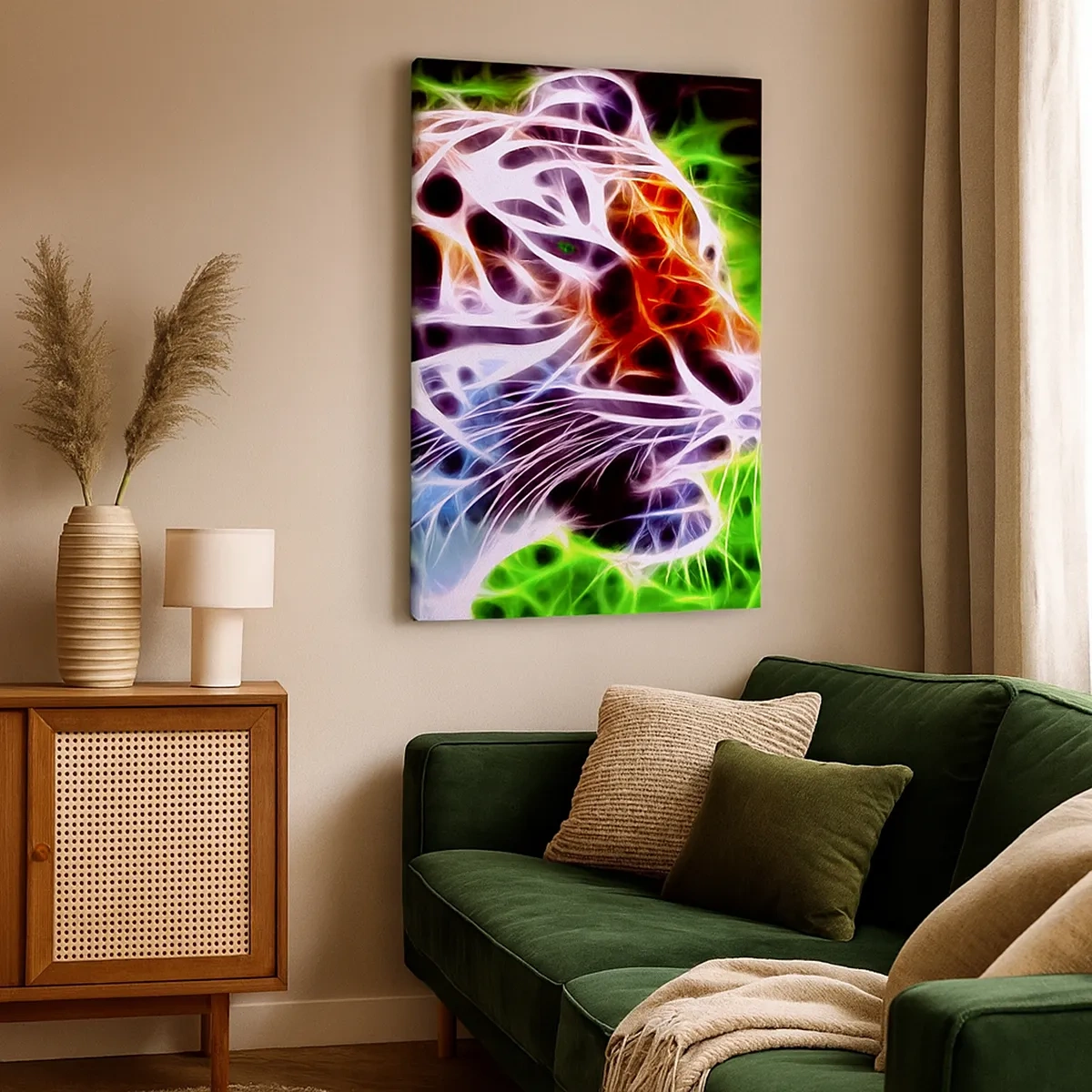 Bild auf Leinwand - Leinwandbild - Farbenfrohes künstlerisches Porträt eines Tigers im Neonstil auf schwarzem Hintergrund. - 50x70cm - Schreckliche Aura - Moderne Wanddekoration für Wohnzimmer und Schlafzimmer ARTTOR