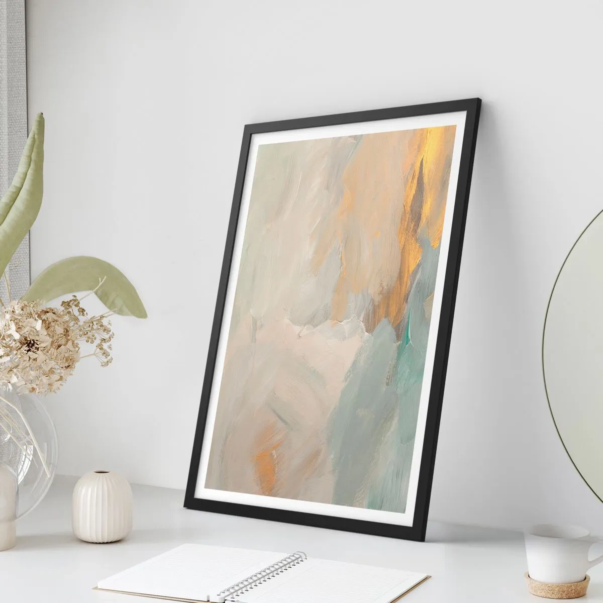 Poster in einem schwarzem Rahmen - Abstrakte Gemäldekomposition in Pastelltönen - 50x70cm - Abstraktion – das Land der Sanftheit - Moderne Wanddekoration für Wohnzimmer und Schlafzimmer ARTTOR