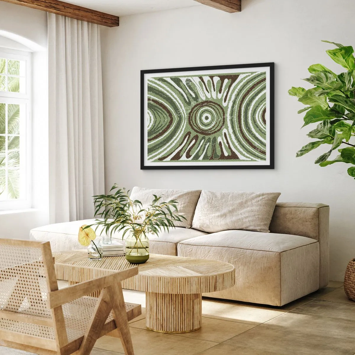 Poster in einem schwarzem Rahmen - Abstrakte Muster in Grün- und Brauntönen - 70x50cm - Explosion von Emotionen - Moderne Wanddekoration für Wohnzimmer und Schlafzimmer ARTTOR