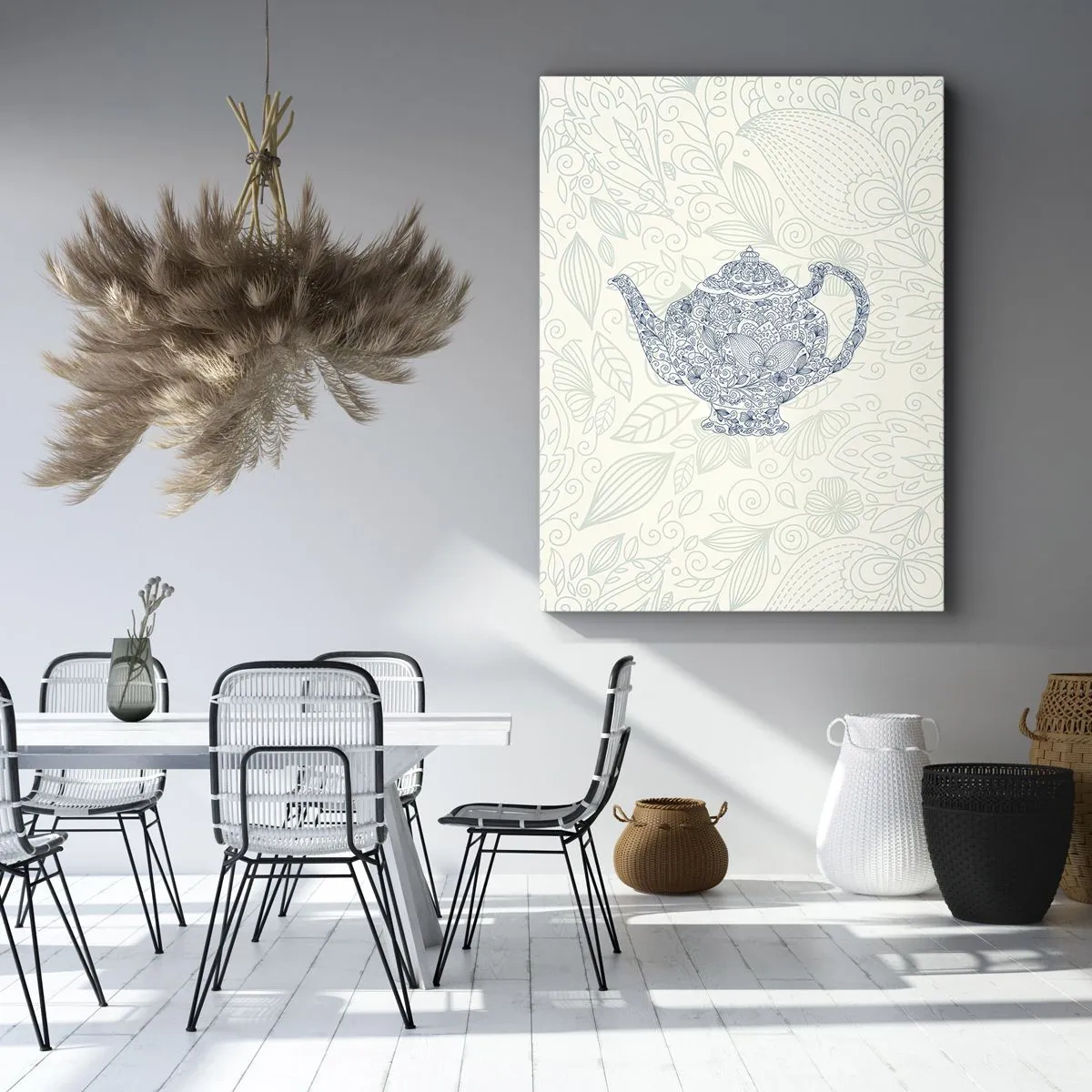 Bild auf Leinwand - Leinwandbild - Dekorative Zeichnung einer Teekanne mit blauen Ornamenten - 50x70cm - Tee-Charm - Moderne Wanddekoration für Wohnzimmer und Schlafzimmer ARTTOR