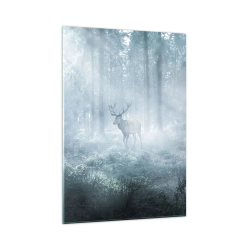 Glasbild - Bild auf glas - Ein Hirsch in einem nebligen Wald, beleuchtet von den Strahlen der Morgensonne - 50x70cm - Morgenvisite auf dem Grundstück - Moderne Wanddekoration für Wohnzimmer und Schlafzimmer ARTTOR