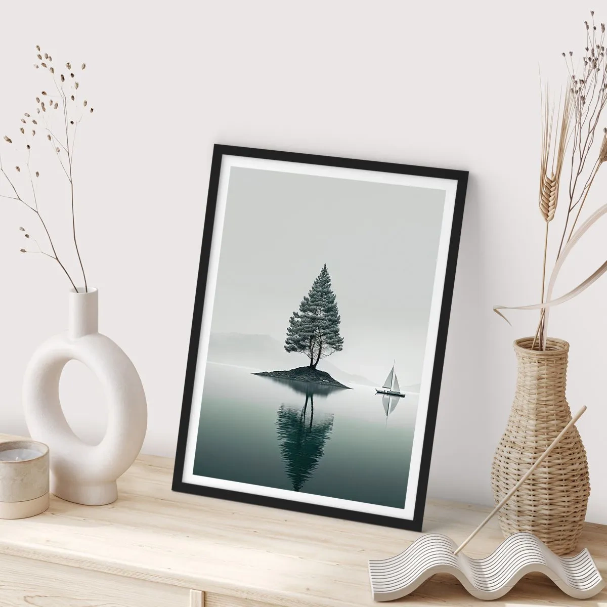Poster in einem schwarzem Rahmen - Ein einsamer Baum auf einer Insel mit einer Spiegelung im Wasser - 50x70cm - Traum - Moderne Wanddekoration für Wohnzimmer und Schlafzimmer ARTTOR