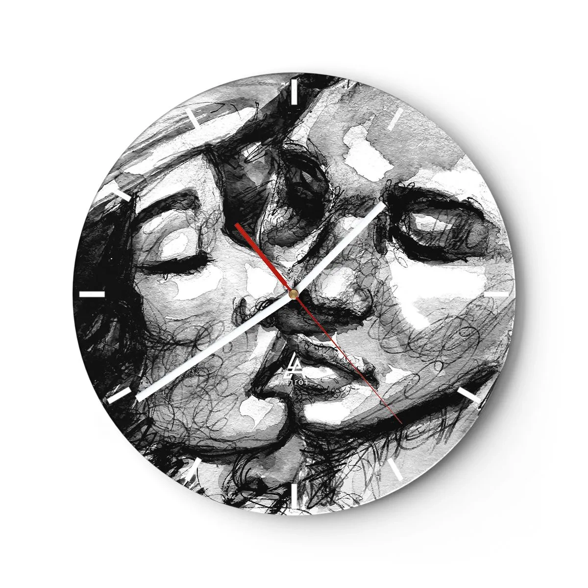 Wanduhr - Glasuhr - Schwarz-Weiß-Skizze eines küssenden Paares - 30x30cm - Zärtlicher Moment - Moderne Wanddekoration für Wohnzimmer, Küche und Schlafzimmer ARTTOR