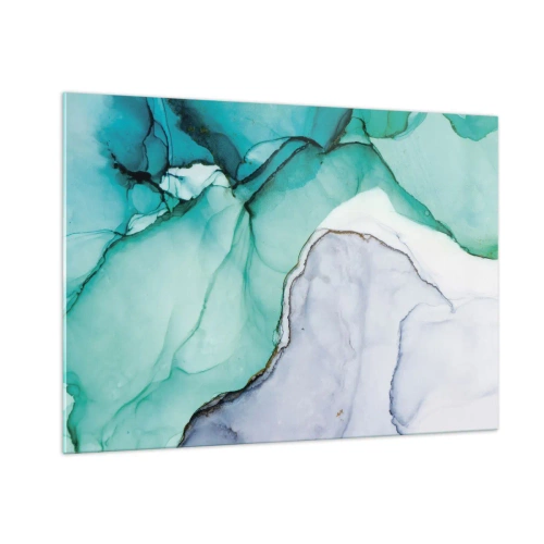 Glasbild - Bild auf glas - Ein abstraktes Gemälde in Türkis- und Weißtönen mit zarten Rissen. - 100x70cm - Eine Studie in Türkis - Moderne Wanddekoration für Wohnzimmer und Schlafzimmer ARTTOR