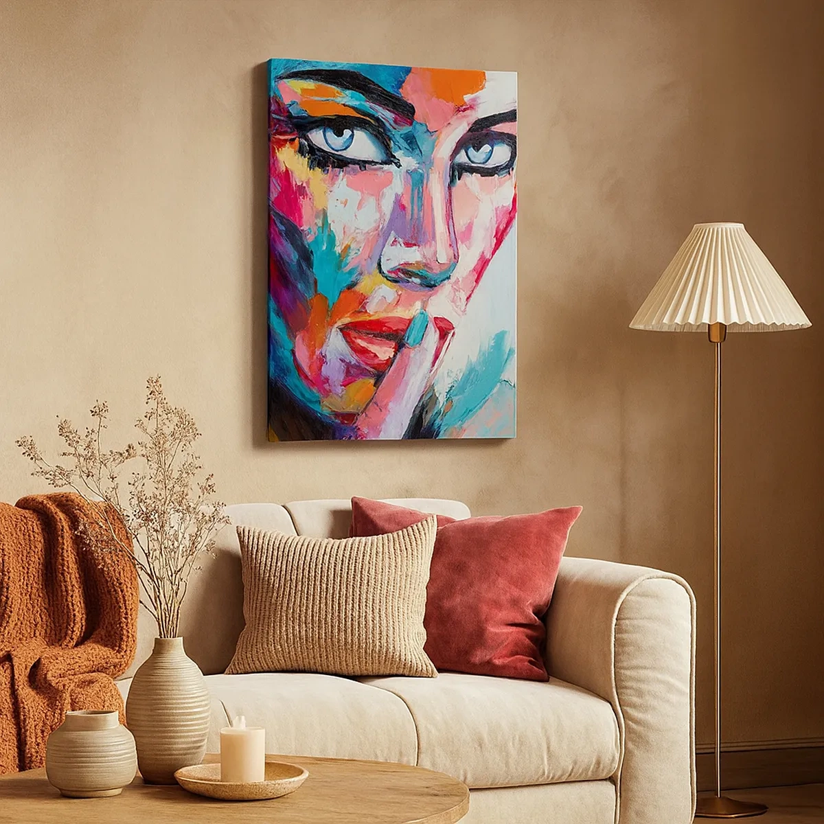 Bild auf Leinwand - Leinwandbild - Farbenfrohes Porträt einer Frau im abstrakten Stil - 50x70cm - Unser erstes Geheimnis - Moderne Wanddekoration für Wohnzimmer und Schlafzimmer ARTTOR