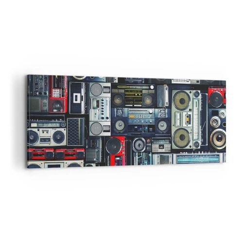 Bild auf Leinwand - Leinwandbild - Eine Collage aus Retro-Tonbandgeräten und Vintage-Lautsprechern. - 120x50cm - Sehnsucht nach den 1980er Jahren - Moderne Wanddekoration für Wohnzimmer und Schlafzimmer ARTTOR