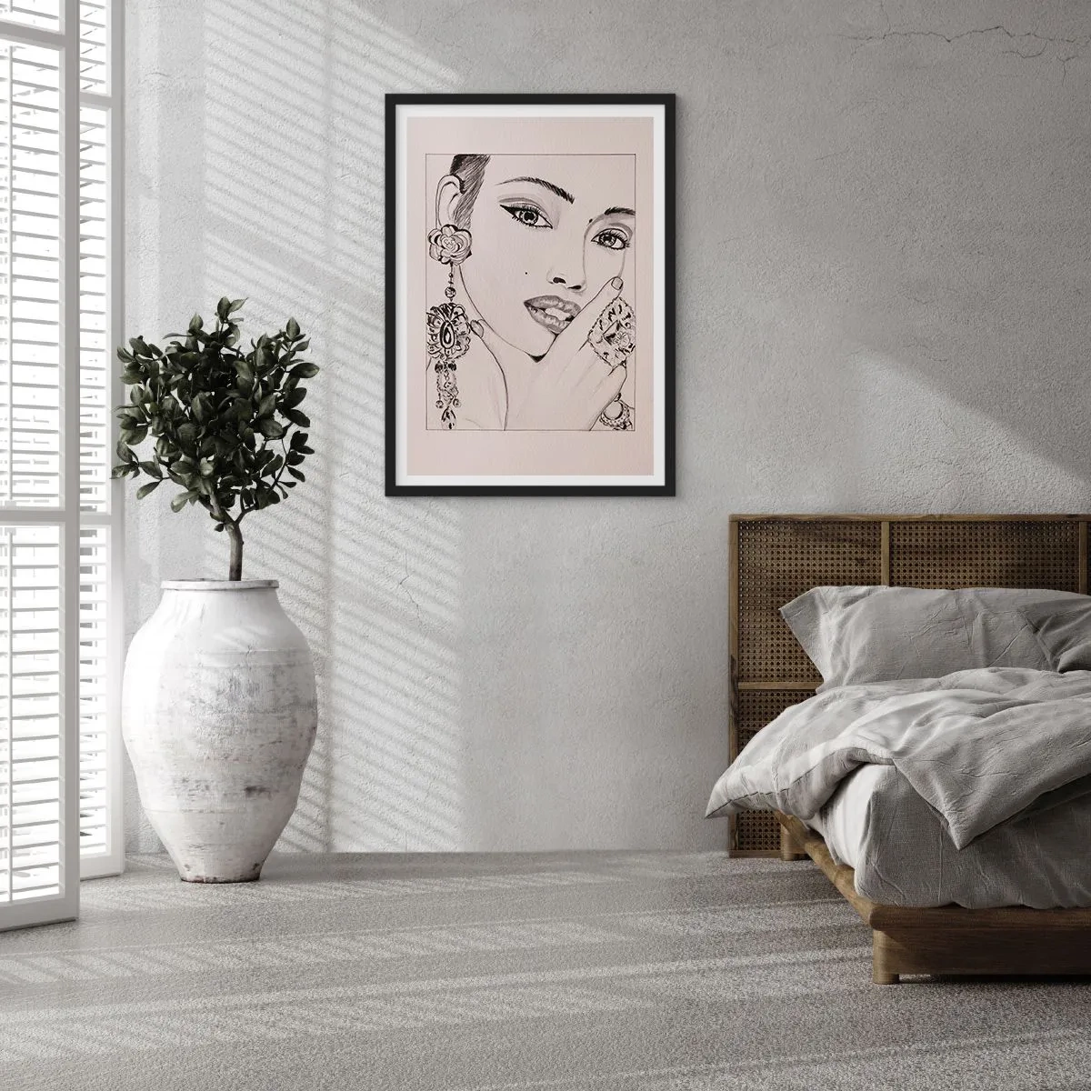 Poster in einem schwarzem Rahmen - Skizze einer Frau mit glamourösem Schmuck - 50x70cm - Das schönste Juwel - Moderne Wanddekoration für Wohnzimmer und Schlafzimmer ARTTOR