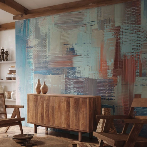 Fototapete Premium Sand - Bunte Impasto-Pinselstriche in Blau- und Rottönen. - 100x70cm - Zum Licht kommen - Moderne Wanddekoration für Wohnzimmer und Schlafzimmer ARTTOR