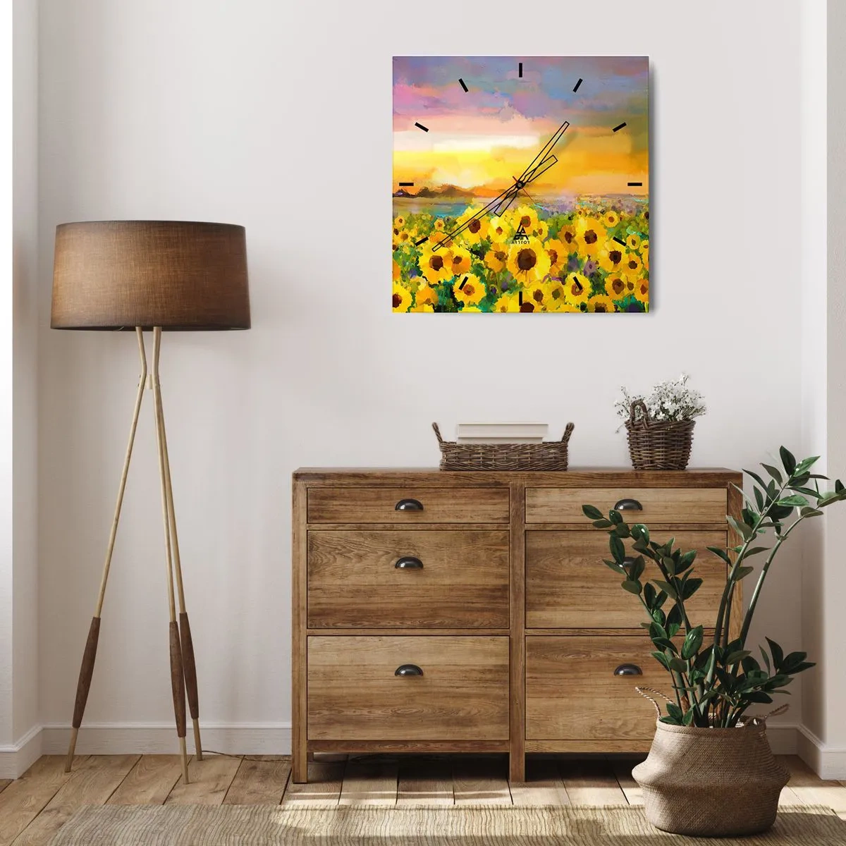 Wanduhr - Glasuhr - Ein Sonnenblumenfeld im Licht der untergehenden Sonne - 30x30cm - Die Sonne selbst ist auf die Erde herabgestiegen - Moderne Wanddekoration für Wohnzimmer und Schlafzimmer ARTTOR