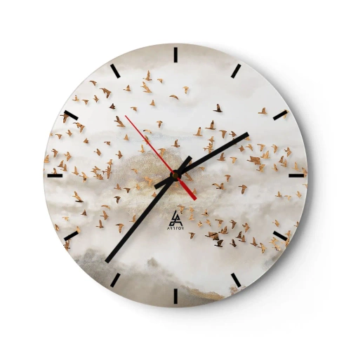 Wanduhr - Glasuhr - Ein Vogelschwarm fliegt vor der Kulisse der Berge in einem zarten Nebel - 30x30cm - Es ist schon die Zeit… - Moderne Wanddekoration für Wohnzimmer, Küche und Schlafzimmer ARTTOR
