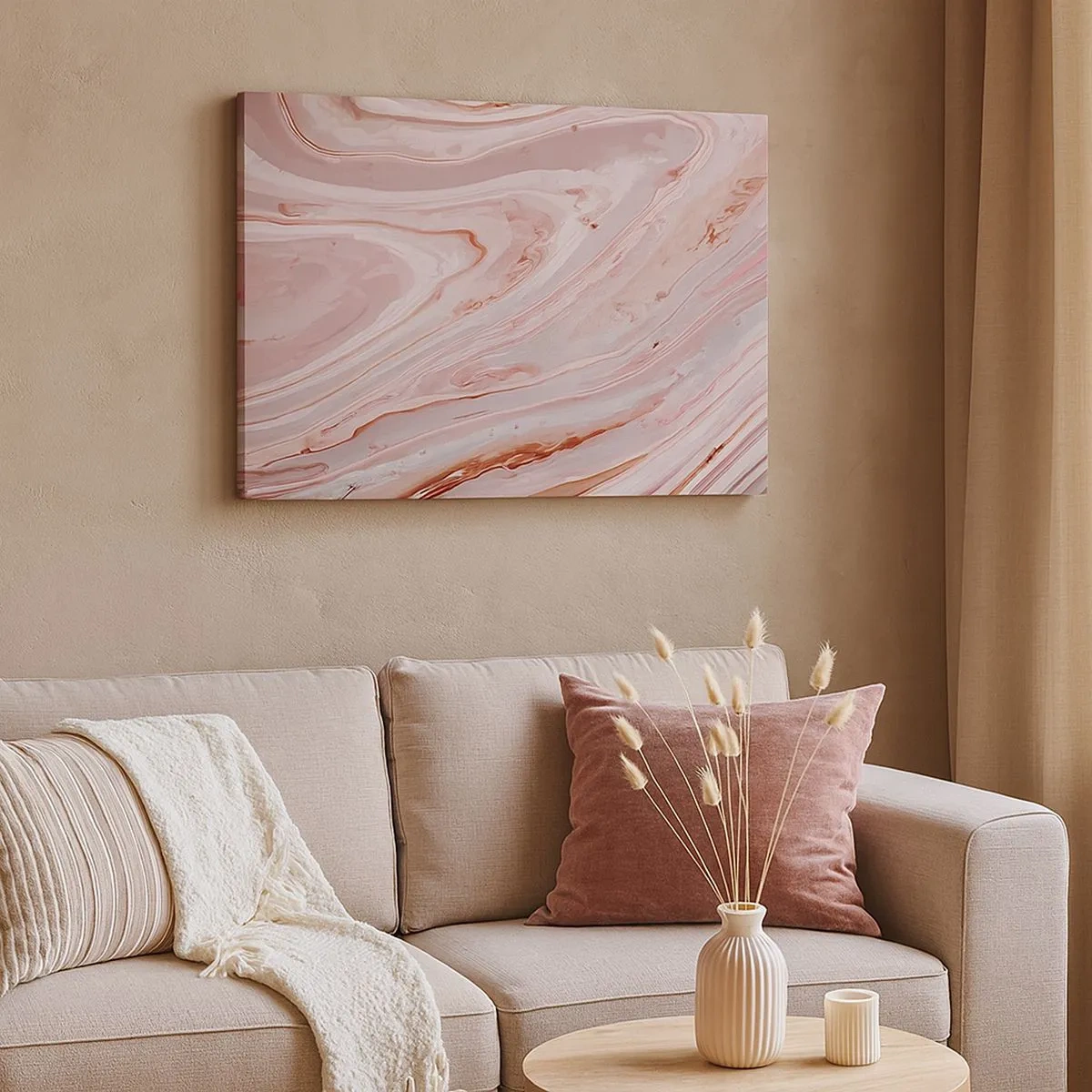 Bild auf Leinwand - Leinwandbild - Abstrakte Wellen in zarten Rosa- und Beigetönen - 70x50cm - Rosa Flüssigkeit - Moderne Wanddekoration für Wohnzimmer und Schlafzimmer ARTTOR