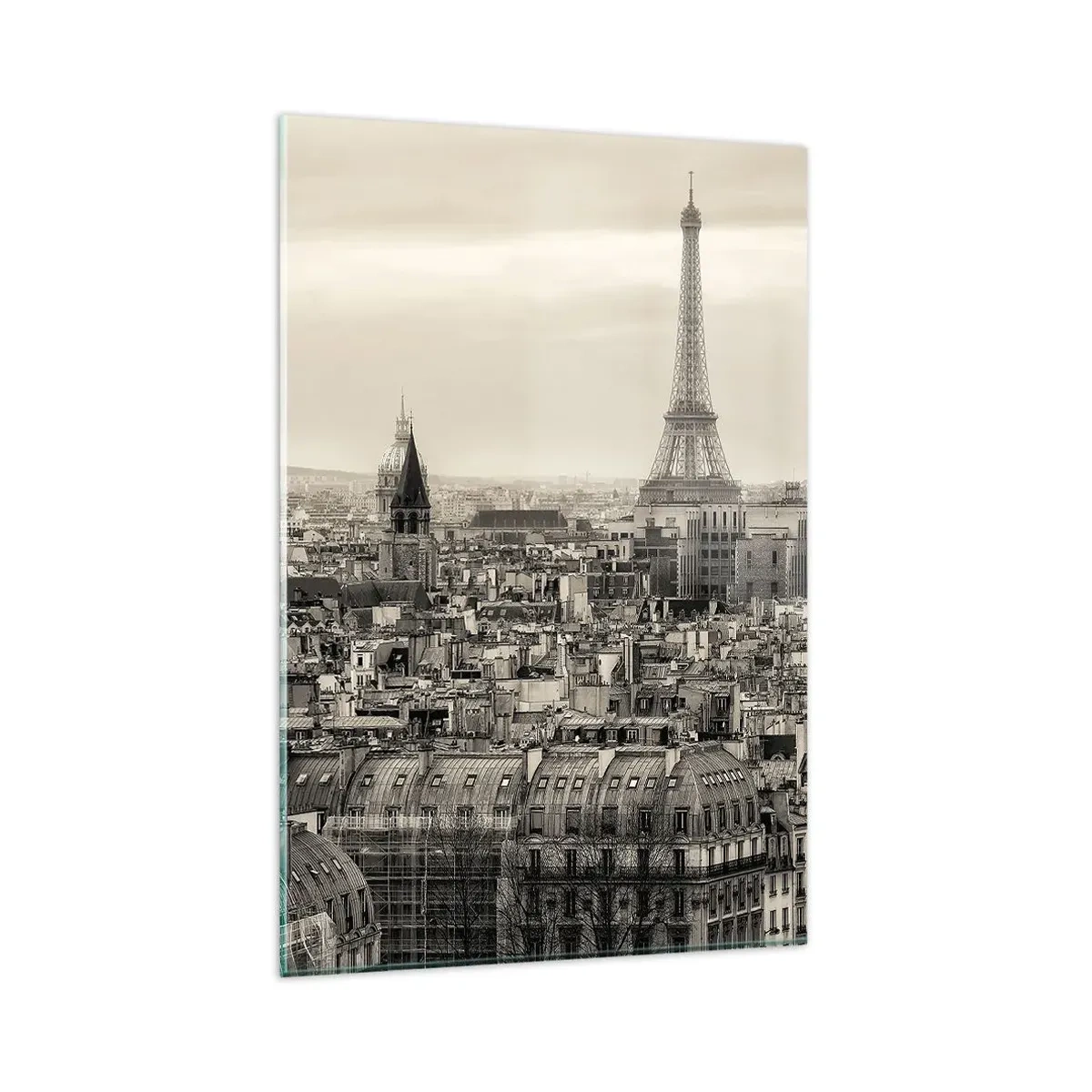 Glasbild - Bild auf glas - Panorama von Paris mit dem Eiffelturm in Sepiatönen - 80x120cm - Über den Dächern von Paris - Moderne Wanddekoration für Wohnzimmer und Schlafzimmer ARTTOR