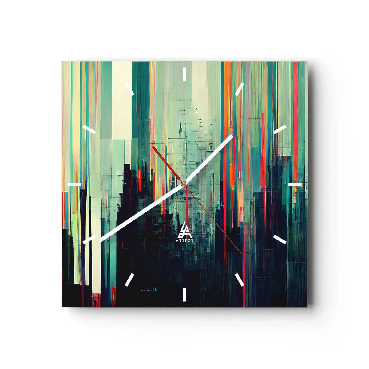 Wanduhr - Glasuhr - Abstraktion mit vertikalen Linien und einer Stadtsilhouette - 30x30cm - Futuristische Stadt - Moderne Wanddekoration für Wohnzimmer und Schlafzimmer ARTTOR