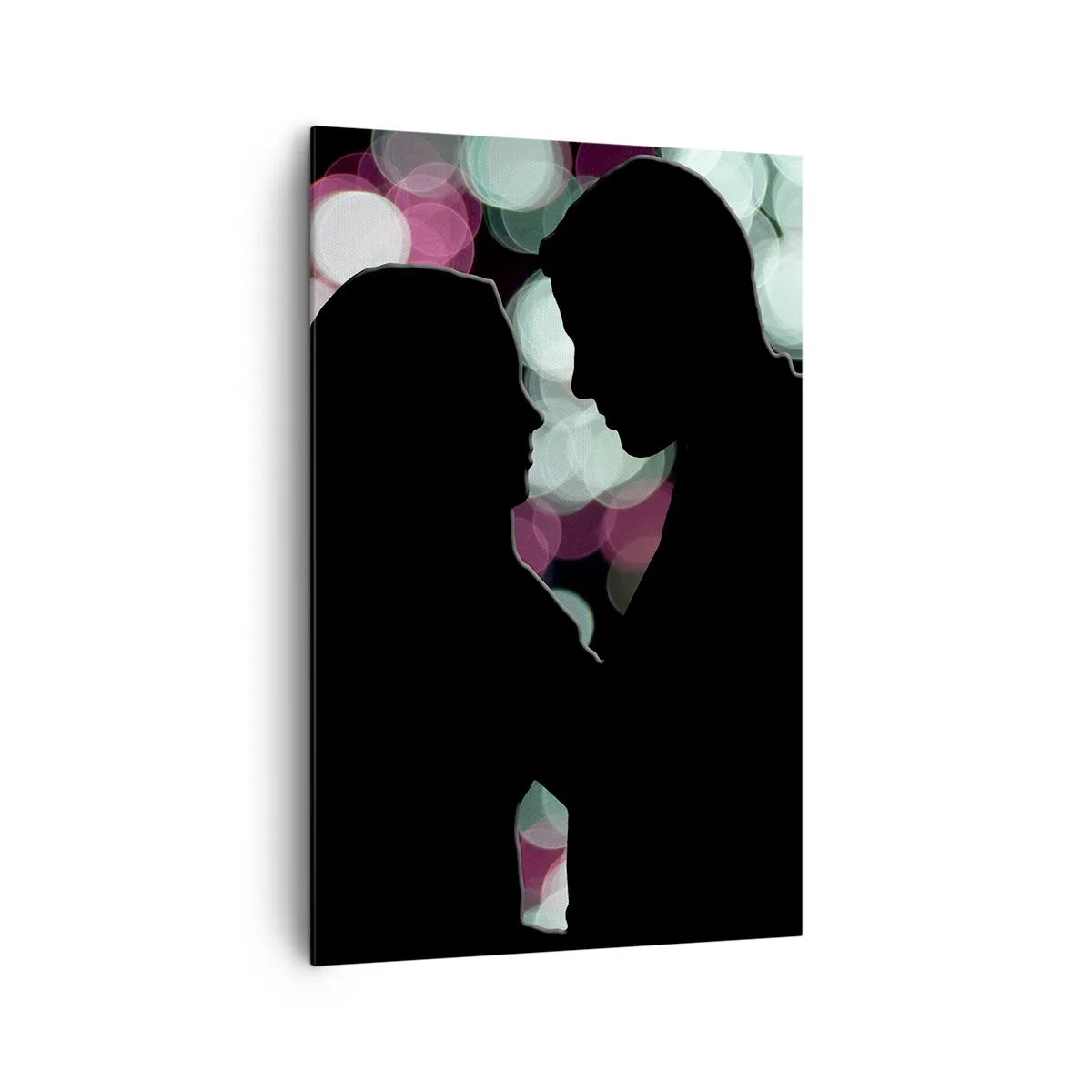 Bild auf Leinwand - Leinwandbild - Silhouetten eines Paares vor dem Hintergrund bunter Bokeh-Lichter - 80x120cm - Jawohl! - Moderne Wanddekoration für Wohnzimmer und Schlafzimmer ARTTOR