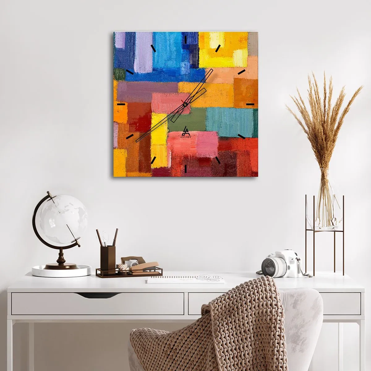Wanduhr - Glasuhr - Bunte abstrakte Rechtecke in verschiedenen Farbtönen - 30x30cm - Jeder ist anders, alle bunt - Moderne Wanddekoration für Wohnzimmer und Schlafzimmer ARTTOR