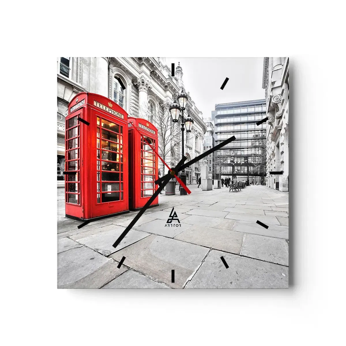Wanduhr - Glasuhr - Rote Telefonzellen vor dem Hintergrund der Stadtlandschaft - 30x30cm - Willkommen in London - Moderne Wanddekoration für Wohnzimmer und Schlafzimmer ARTTOR