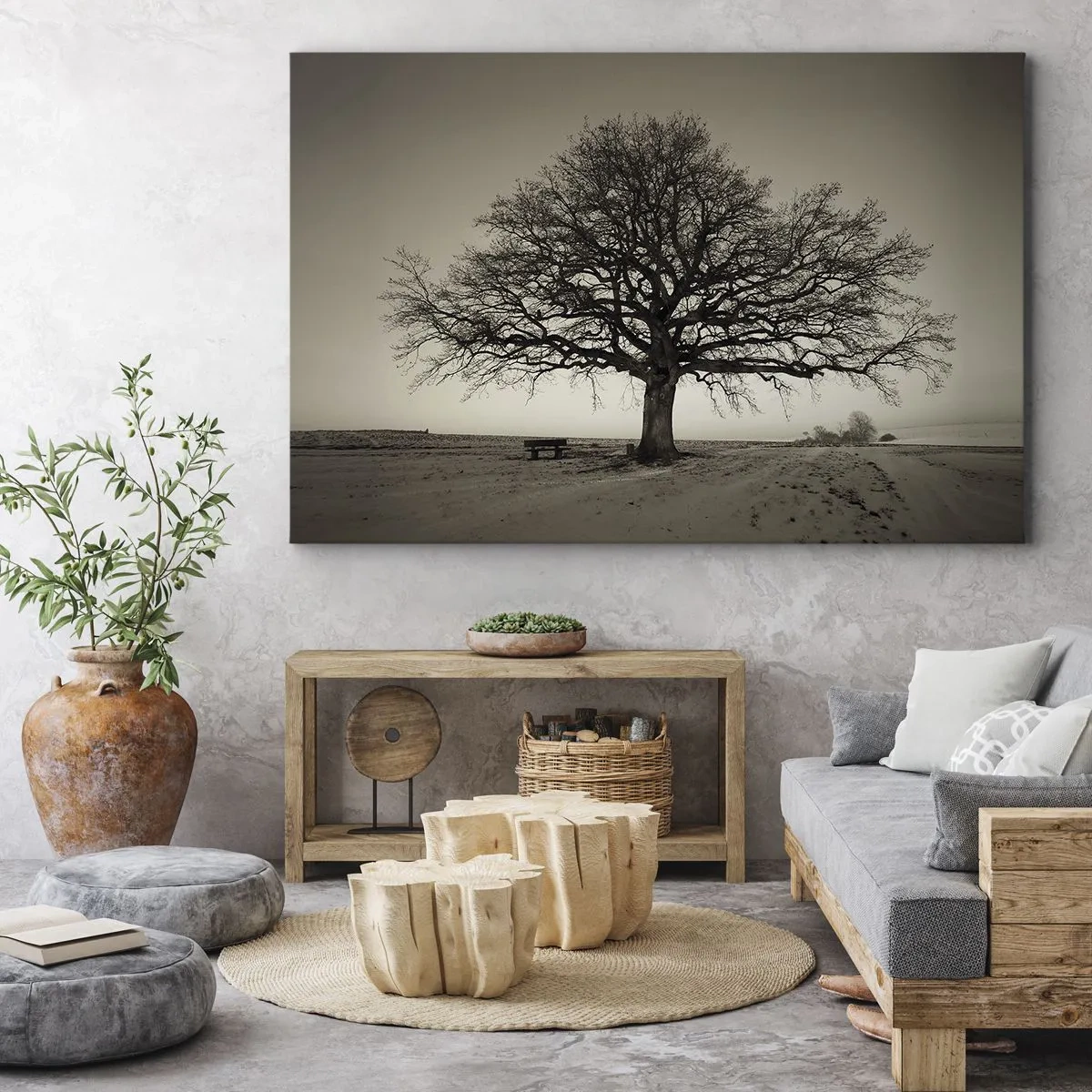 Bild auf Leinwand - Leinwandbild - Ein einsamer Baum in einem Sepia-Feld - 120x80cm - Von hier zu Ewigkeit - Moderne Wanddekoration für Wohnzimmer und Schlafzimmer ARTTOR