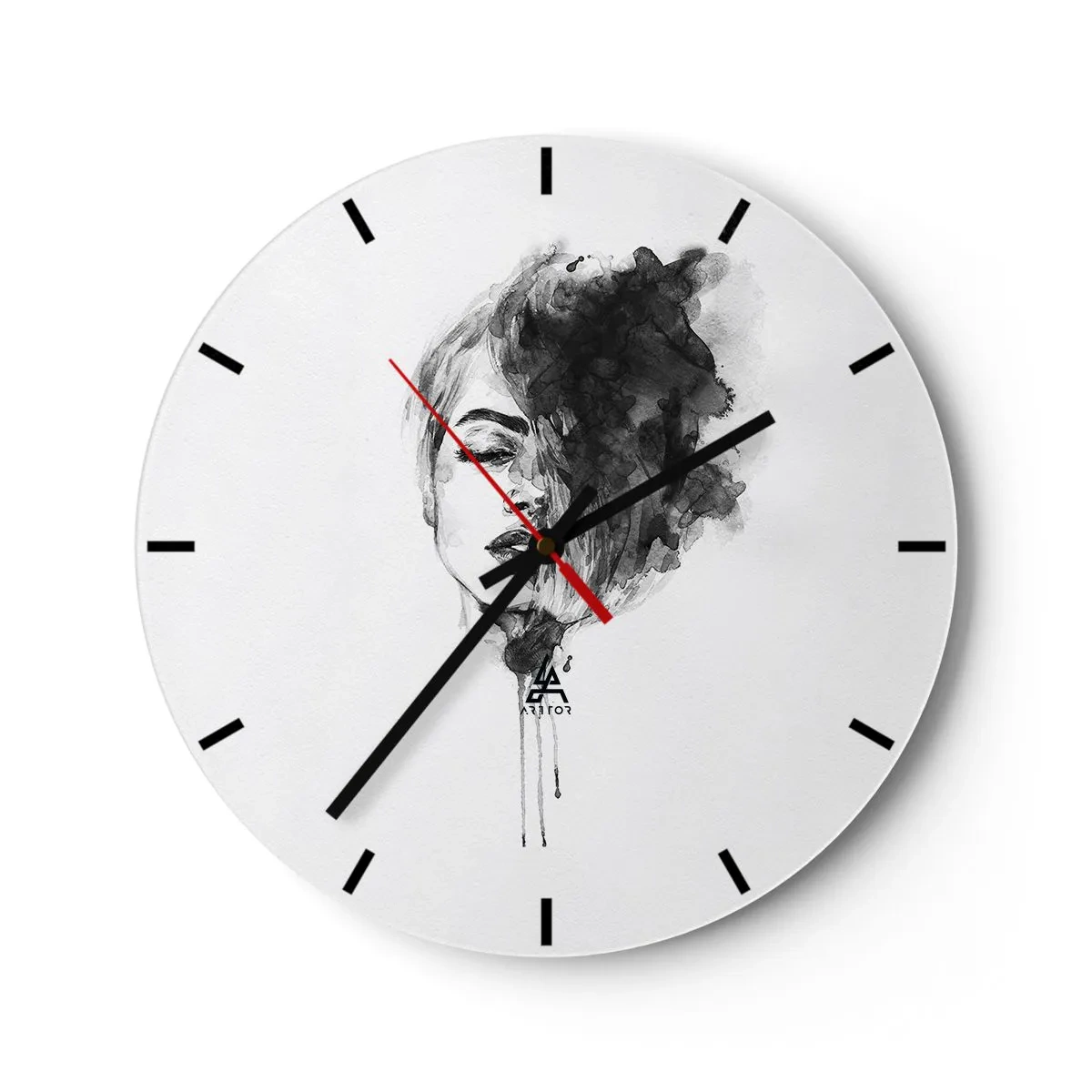 Wanduhr - Glasuhr - Schwarz-weißes Aquarell eines Frauengesichts mit Raucheffekt - 30x30cm - Wovon träumt das Mädchen - Moderne Wanddekoration für Wohnzimmer, Küche und Schlafzimmer ARTTOR