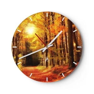 Wanduhr - Glasuhr - Herbstwald mit warmen Sonnenstrahlen - 30x30cm - Goldener Herbst auf einer Forststraße - Moderne Wanddekoration für Wohnzimmer, Küche und Schlafzimmer ARTTOR