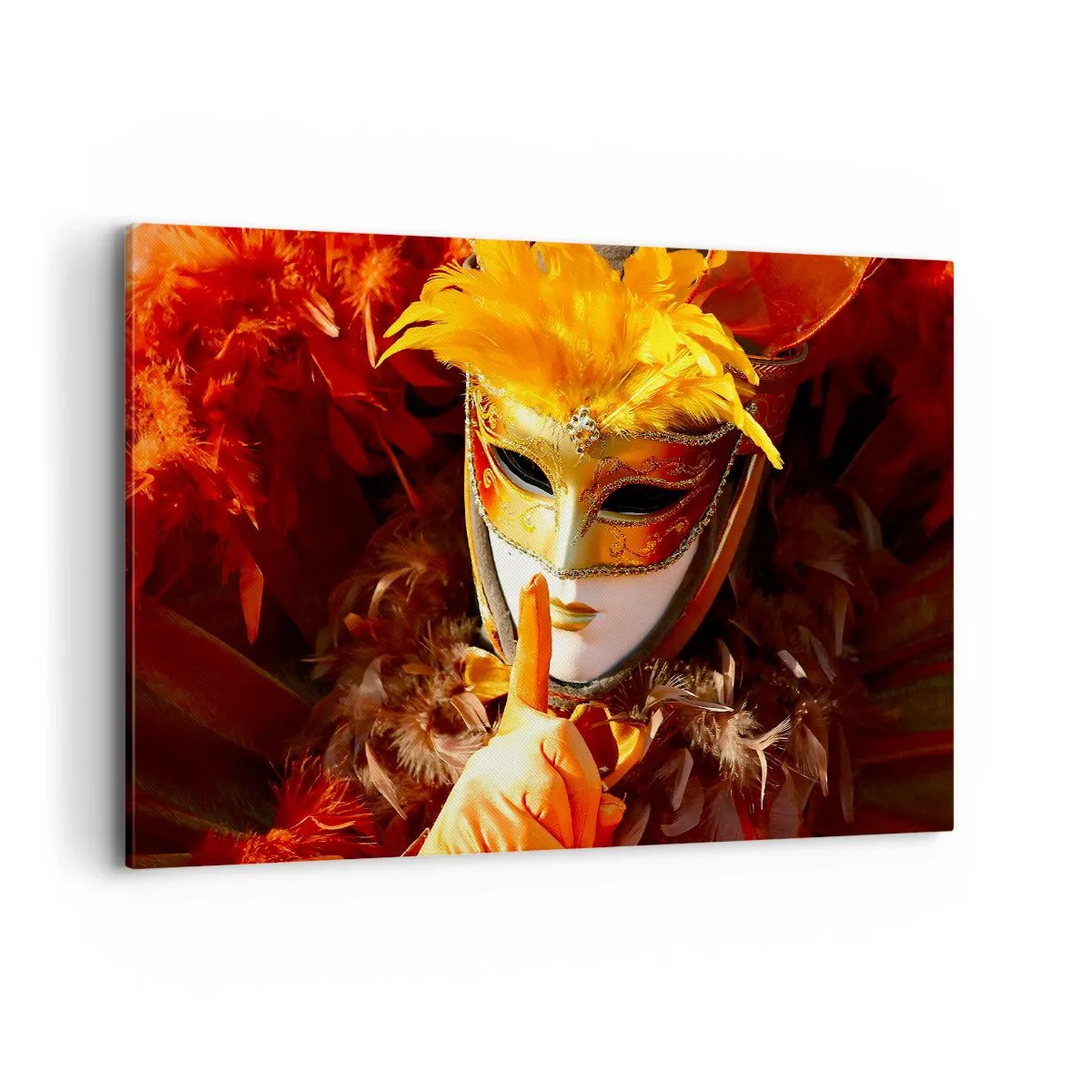 Bild auf Leinwand - Leinwandbild - Karnevalsmaske in Gold- und Orangetönen - 120x80cm - Geheimnis ist Teil des Spiels - Moderne Wanddekoration für Wohnzimmer und Schlafzimmer ARTTOR