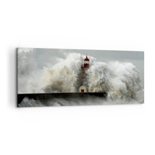 Bild auf Leinwand - Leinwandbild - Ein Leuchtturm, umgeben von rauen Wellen während eines Sturms - 120x50cm - Die Wut des Ozeans - Moderne Wanddekoration für Wohnzimmer und Schlafzimmer ARTTOR