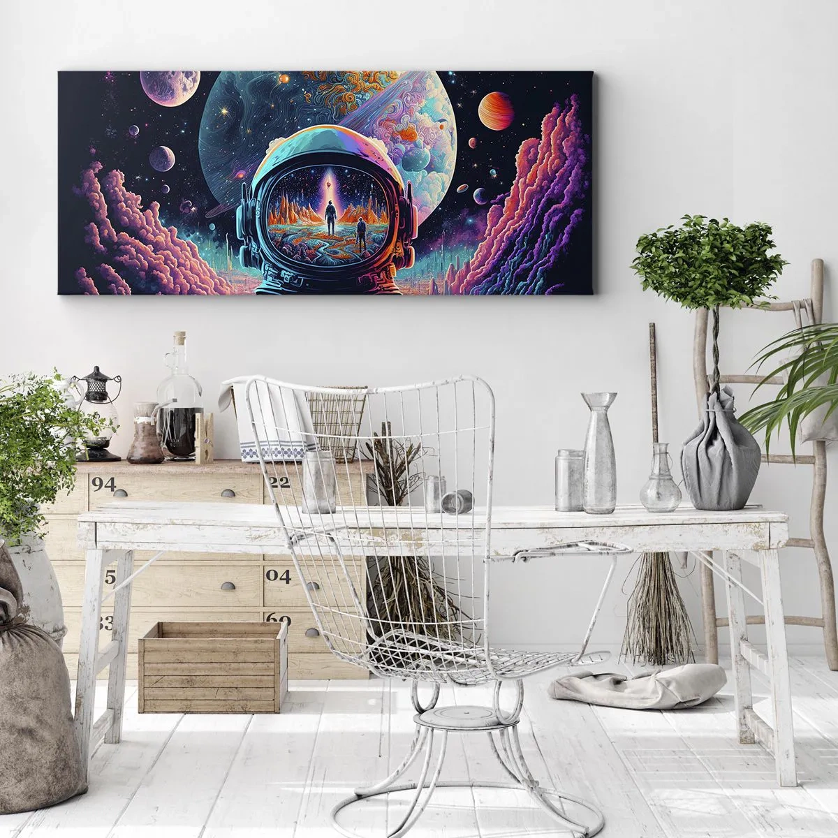 Bild auf Leinwand - Leinwandbild - Astronaut im Weltraum mit einer farbenfrohen Planetenlandschaft - 140x50cm - Philosophen haben nicht davon geträumt - Moderne Wanddekoration für Wohnzimmer und Schlafzimmer ARTTOR