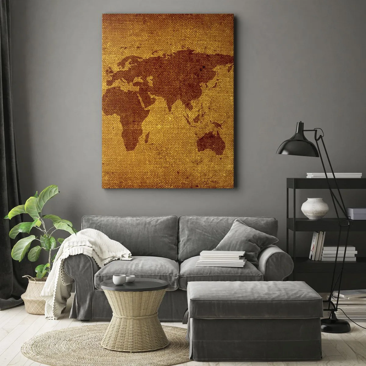 Bild auf Leinwand - Leinwandbild - Vintage-Weltkarte auf braunem und goldenem Hintergrund. - 50x70cm - Eine Einladung zum Reisen - Moderne Wanddekoration für Wohnzimmer und Schlafzimmer ARTTOR