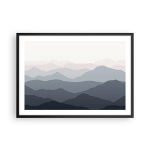 Poster in einem schwarzem Rahmen - Dezente Bergschichten in Grau- und Blautönen - 70x50cm - Wellen der Berge - Moderne Wanddekoration für Wohnzimmer und Schlafzimmer ARTTOR