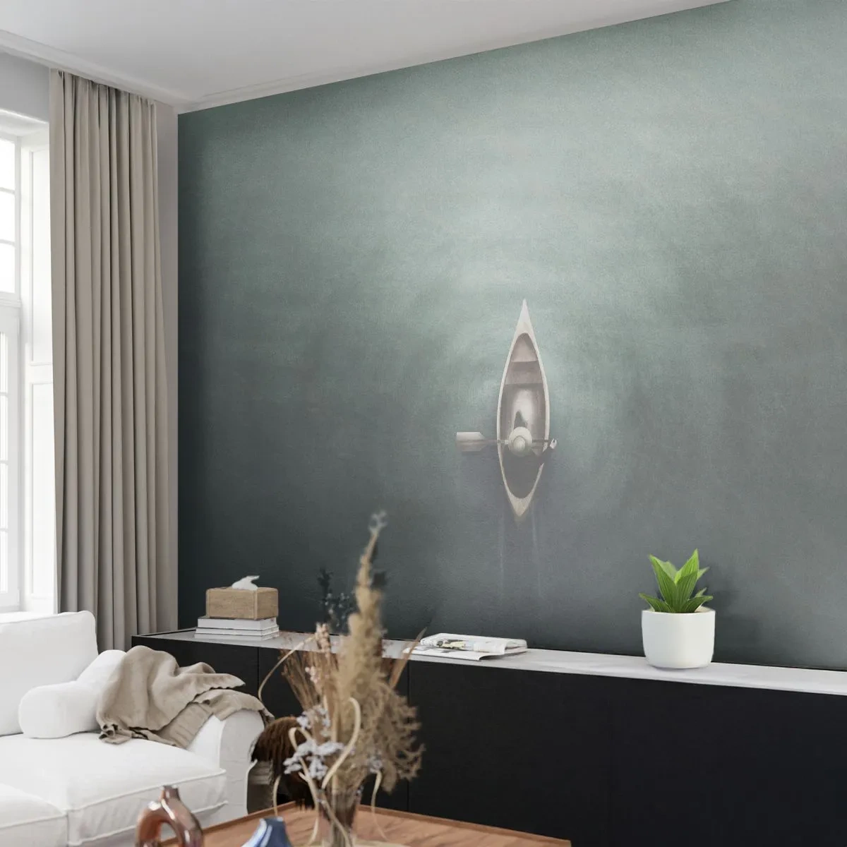 Fototapete Premium Canvas - Ein einsames Boot auf ruhigem Wasser in minimalistischer Umgebung - 100x70cm - Durch den Mondsee - Moderne Wanddekoration für Wohnzimmer und Schlafzimmer ARTTOR