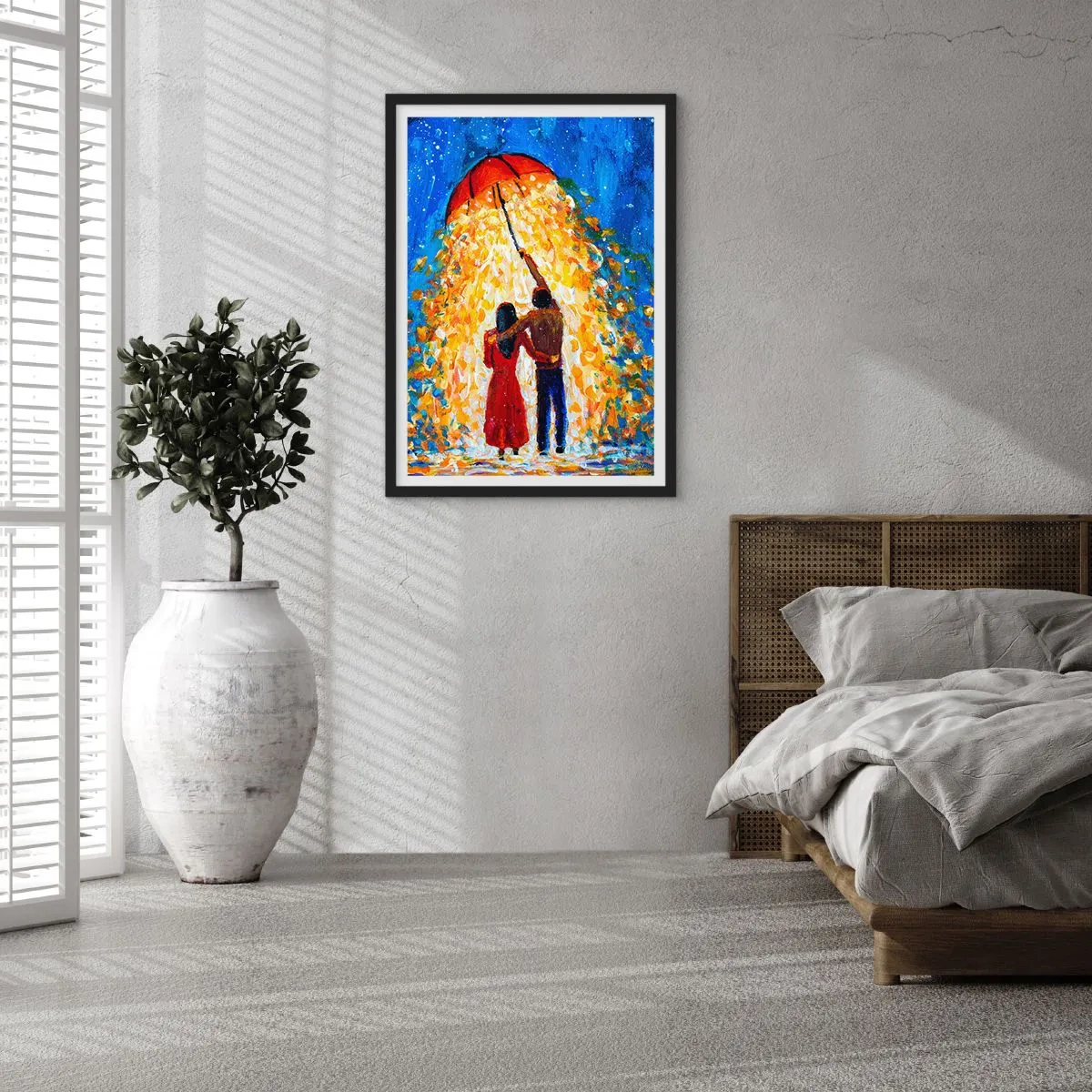 Poster in einem schwarzem Rahmen - Ein romantisches Paar unter einem Regenschirm voller Licht - 50x70cm - Zauber eines Regenabends? - Moderne Wanddekoration für Wohnzimmer und Schlafzimmer ARTTOR