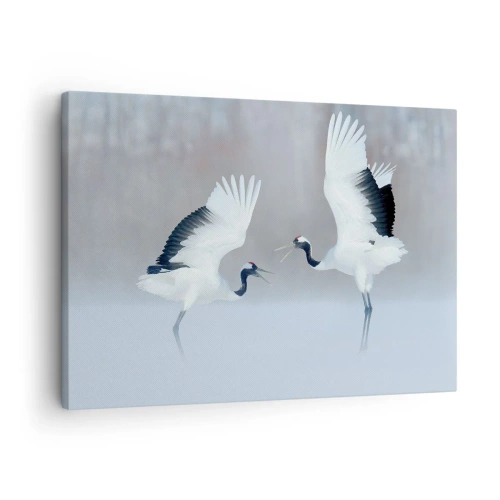 Bild auf Leinwand - Leinwandbild - Zwei Kraniche tanzen in einer nebligen Landschaft - 70x50cm - Tanz im Nebel - Moderne Wanddekoration für Wohnzimmer und Schlafzimmer ARTTOR