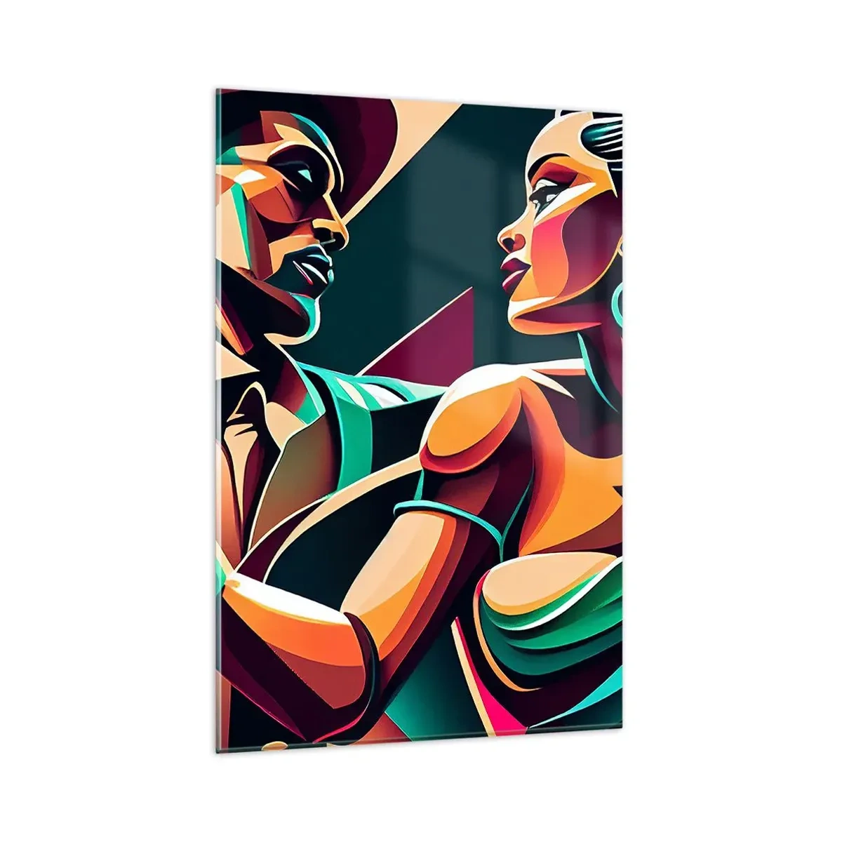Glasbild - Bild auf glas - Ein stilisiertes Paar, das in leuchtenden, geometrischen Farben tanzt. - 80x120cm - Im Rhythmus des Herzens - Moderne Wanddekoration für Wohnzimmer und Schlafzimmer ARTTOR