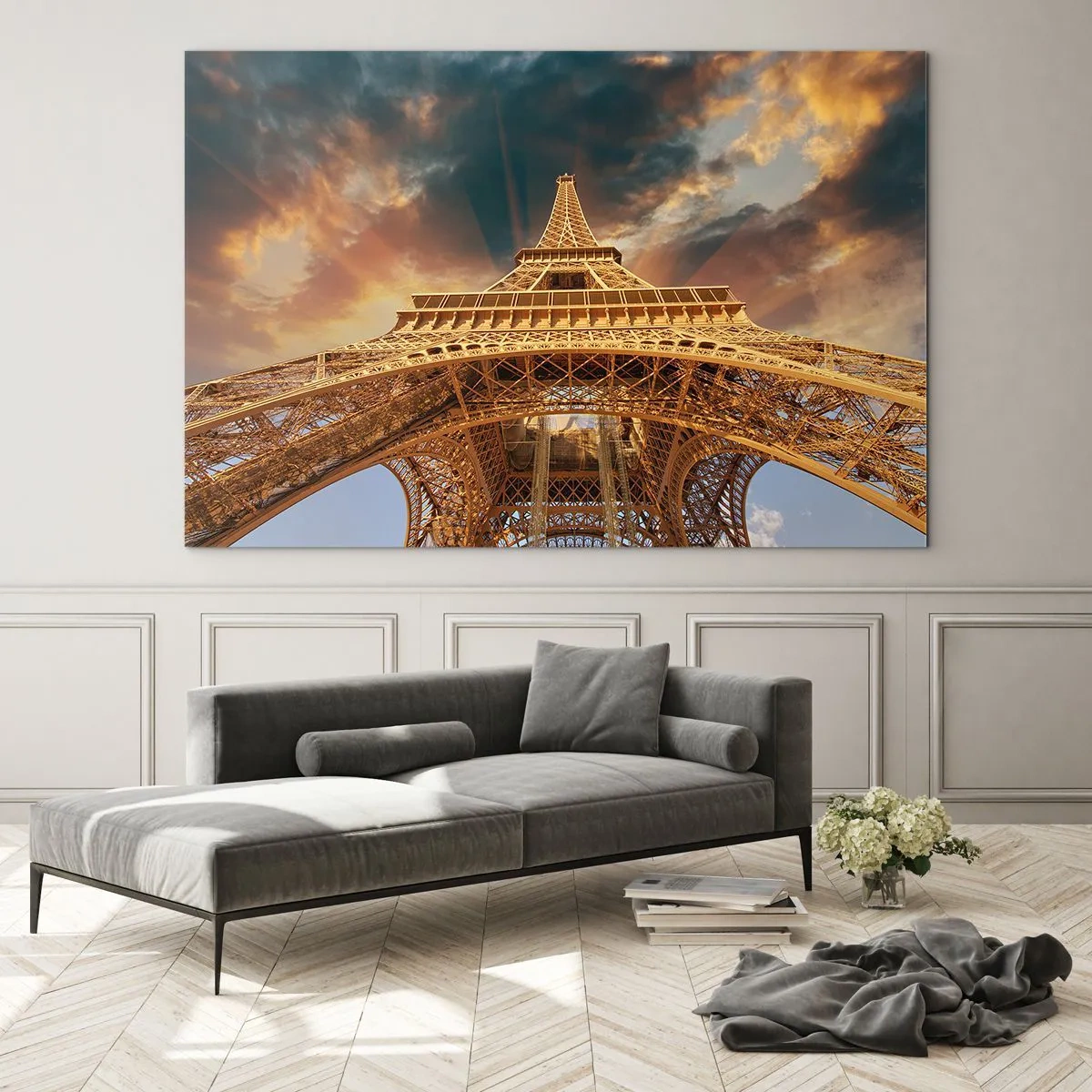 Glasbild - Bild auf glas - Der Eiffelturm aus der Froschperspektive - 100x70cm - Wie die Menschheit den Himmel erreichte - Moderne Wanddekoration für Wohnzimmer und Schlafzimmer ARTTOR