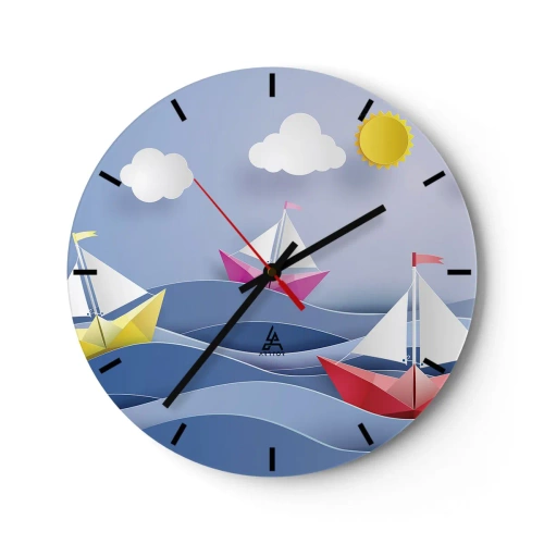 Wanduhr - Glasuhr - Papierboote auf den Wellen an einem sonnigen Tag - 30x30cm - Ach, wie schön ist es, in den Wellen zu schwingen - Moderne Wanddekoration für Wohnzimmer, Küche und Schlafzimmer ARTTOR