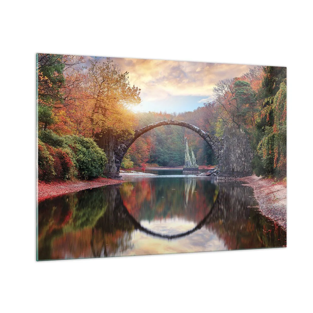 Glasbild - Bild auf glas - Eine Steinbrücke spiegelt sich in einem See inmitten eines herbstlichen Waldes - 100x70cm - Auf der anderen Seite des Spiegels - Moderne Wanddekoration für Wohnzimmer und Schlafzimmer ARTTOR