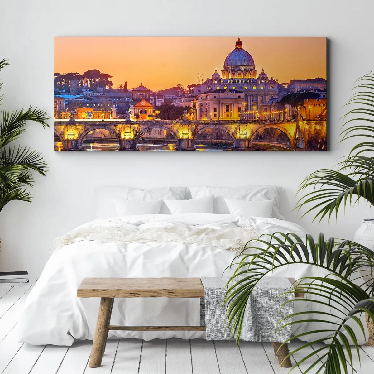 Bild auf Leinwand - Leinwandbild - Panorama des Vatikans bei Sonnenuntergang mit einer Brücke über den Fluss - 120x50cm - Sonnenuntergang über der ewigen Stadt - Moderne Wanddekoration für Wohnzimmer und Schlafzimmer ARTTOR
