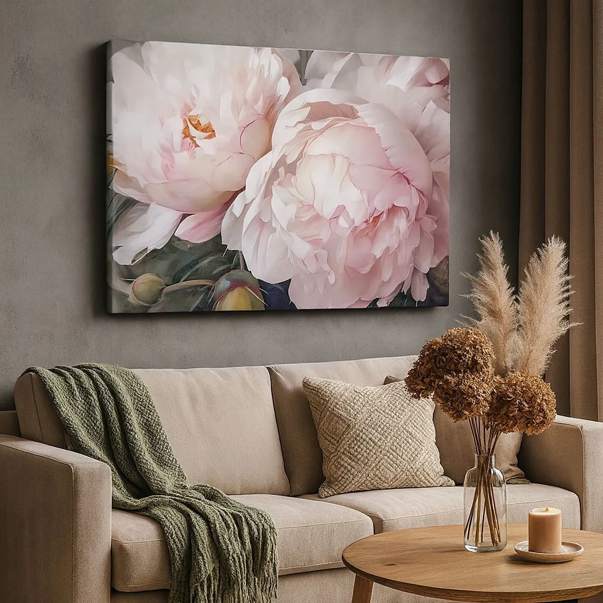 Bild auf Leinwand - Leinwandbild - Zarte rosa Pfingstrosen in voller Blüte - 70x50cm - In der Blüte angehalten - Moderne Wanddekoration für Wohnzimmer und Schlafzimmer ARTTOR