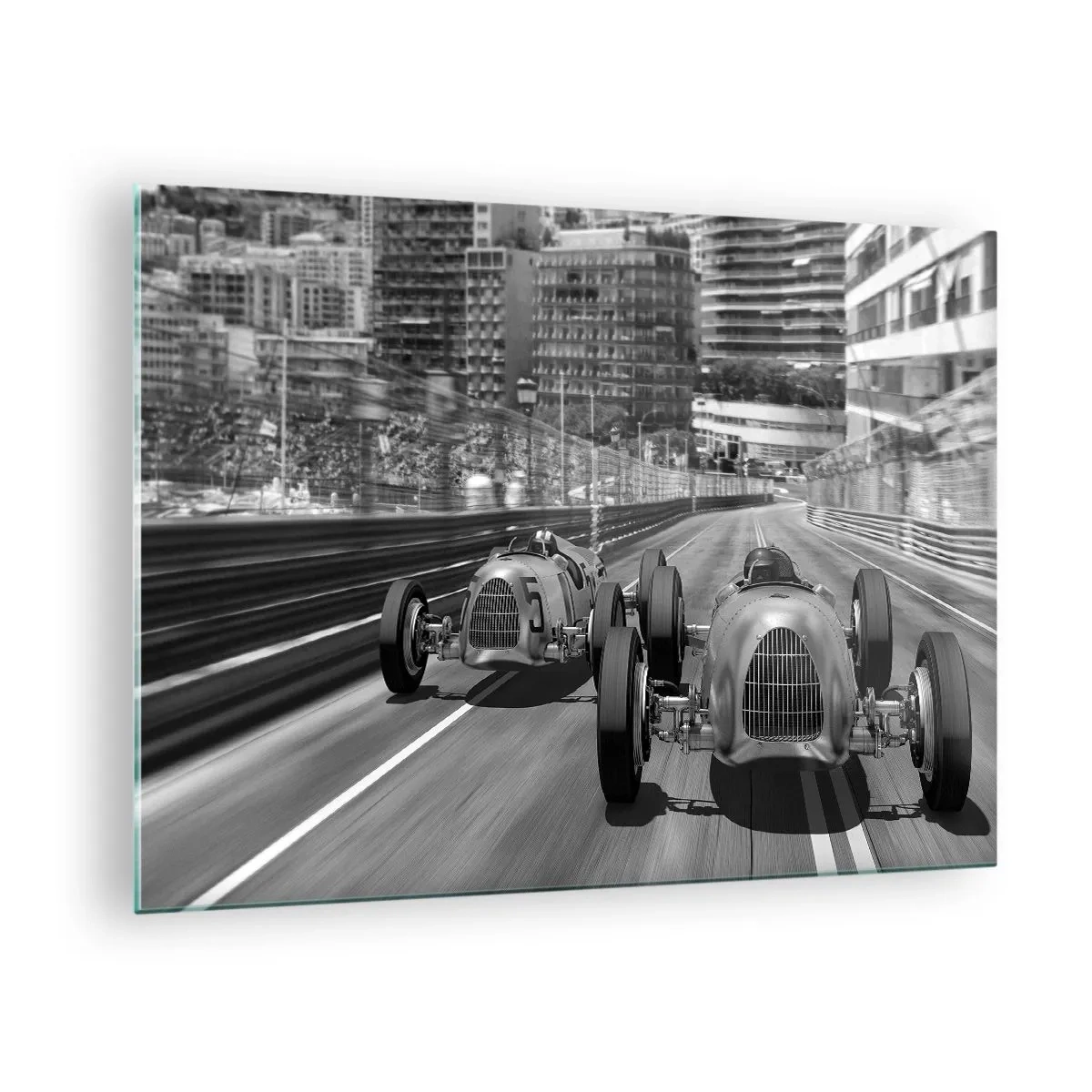 Glasbild - Bild auf glas - Historisches Autorennen in Schwarz-Weiß - 70x50cm - Vor langer Zeit in Monte Carlo - Moderne Wanddekoration für Wohnzimmer und Schlafzimmer ARTTOR