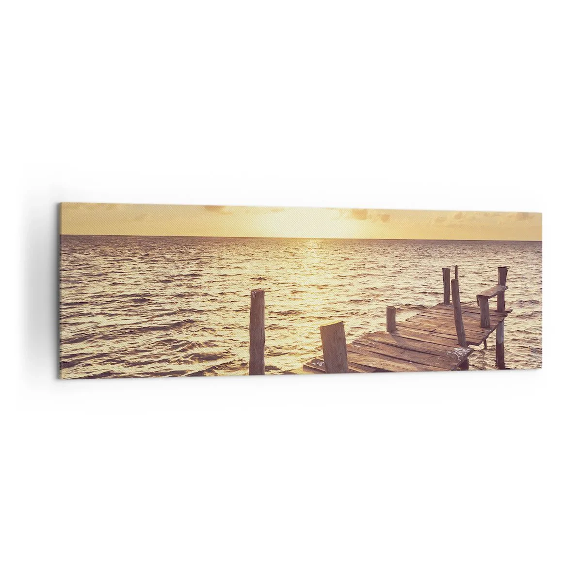 Bild auf Leinwand - Leinwandbild - Ein Holzsteg führt in Richtung Sonnenuntergang - 160x50cm - Das goldene Land der Sanftmut - Moderne Wanddekoration für Wohnzimmer und Schlafzimmer ARTTOR