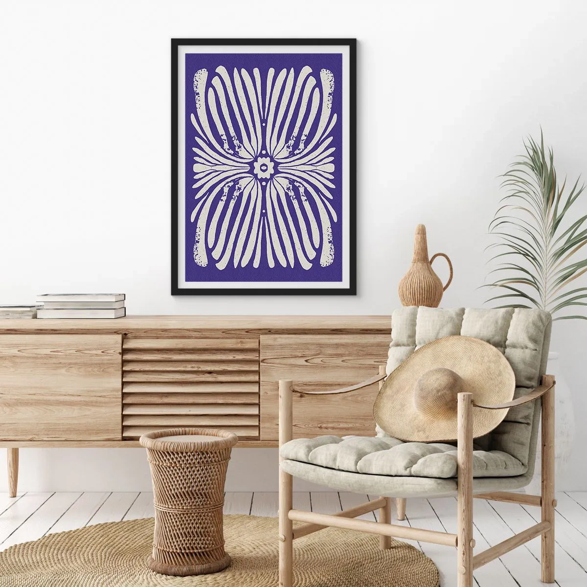 Poster in einem schwarzem Rahmen - Symmetrisches Retro-Blumenmuster auf marineblauem Hintergrund - 50x70cm - Ethnische Inspirationen - Moderne Wanddekoration für Wohnzimmer und Schlafzimmer ARTTOR