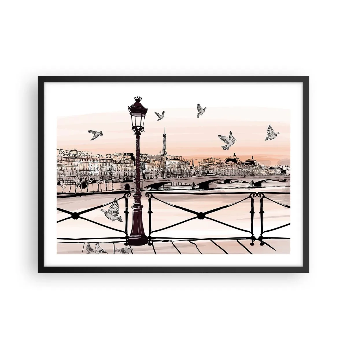Poster in einem schwarzem Rahmen - Pariser Ansicht mit einer Laterne und einer Brücke - 70x50cm - Über den Dächern von Paris - Moderne Wanddekoration für Wohnzimmer und Schlafzimmer ARTTOR